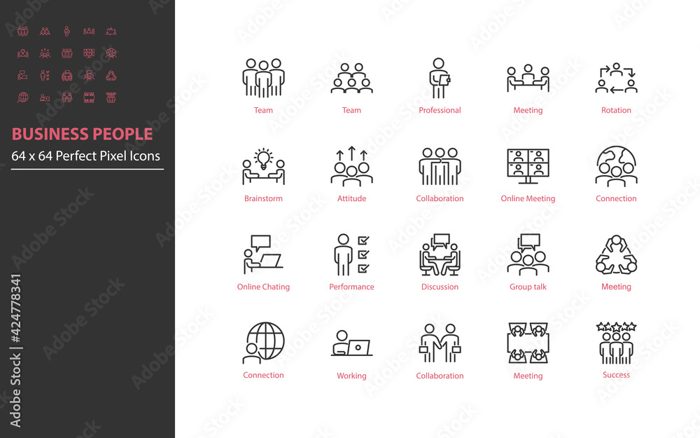 set of business people thin line icons perfect pixel 64x64, meeting, team, mangement, human resource