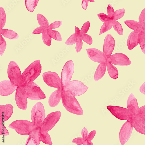Pink blossom flowers watercolor painting - seamless pattern on beige background