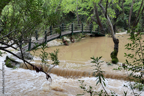 Trees in the water flood in Kursunlu waterfall nature park after the hard rain
