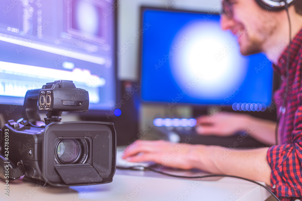 Professional cutting room for video editing and video producing: Monitors, camera and sound mixing Professional cutting room for video editing and video producing: Monitors, camera and sound mixing