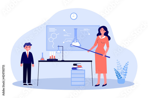 Female teacher explaining chemistry to boy. Lesson, school, flask flat vector illustration. Education and study concept for banner, website design or landing web page