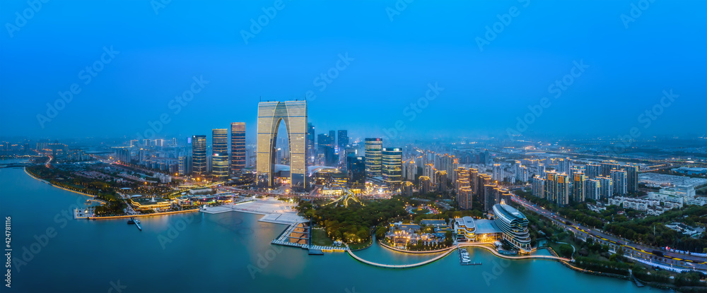 Aerial photography of Suzhou Jinji Lake architectural landscape night view