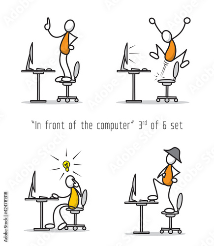 Vector set of humor cartoon man in front of a computer in different attitudes and poses. Print illustration. 