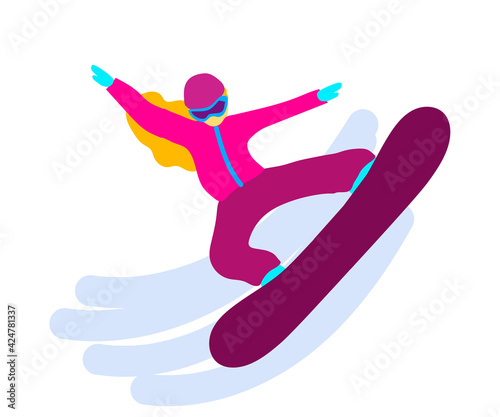 Girl snowboarder performs tricks on the board. Cartoon. Vector illustration.