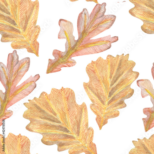 Seamless watercolor oak leaves pattern. Autumn tracery. Natural tile pattern.
