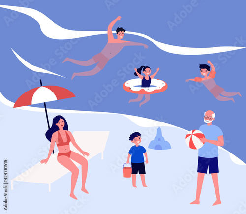 Smiling people relaxing and having fun on sea. Beach, water, leisure flat vector illustration. Summer activity and vacation concept for banner, website design or landing web page