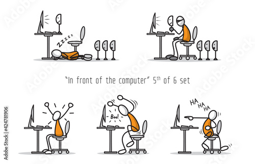 Vector set of humor cartoon man in front of a computer in different attitudes and poses. Print illustration. 