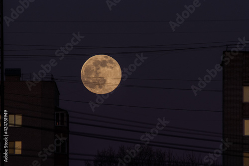 the full moon hangs in the evening sky