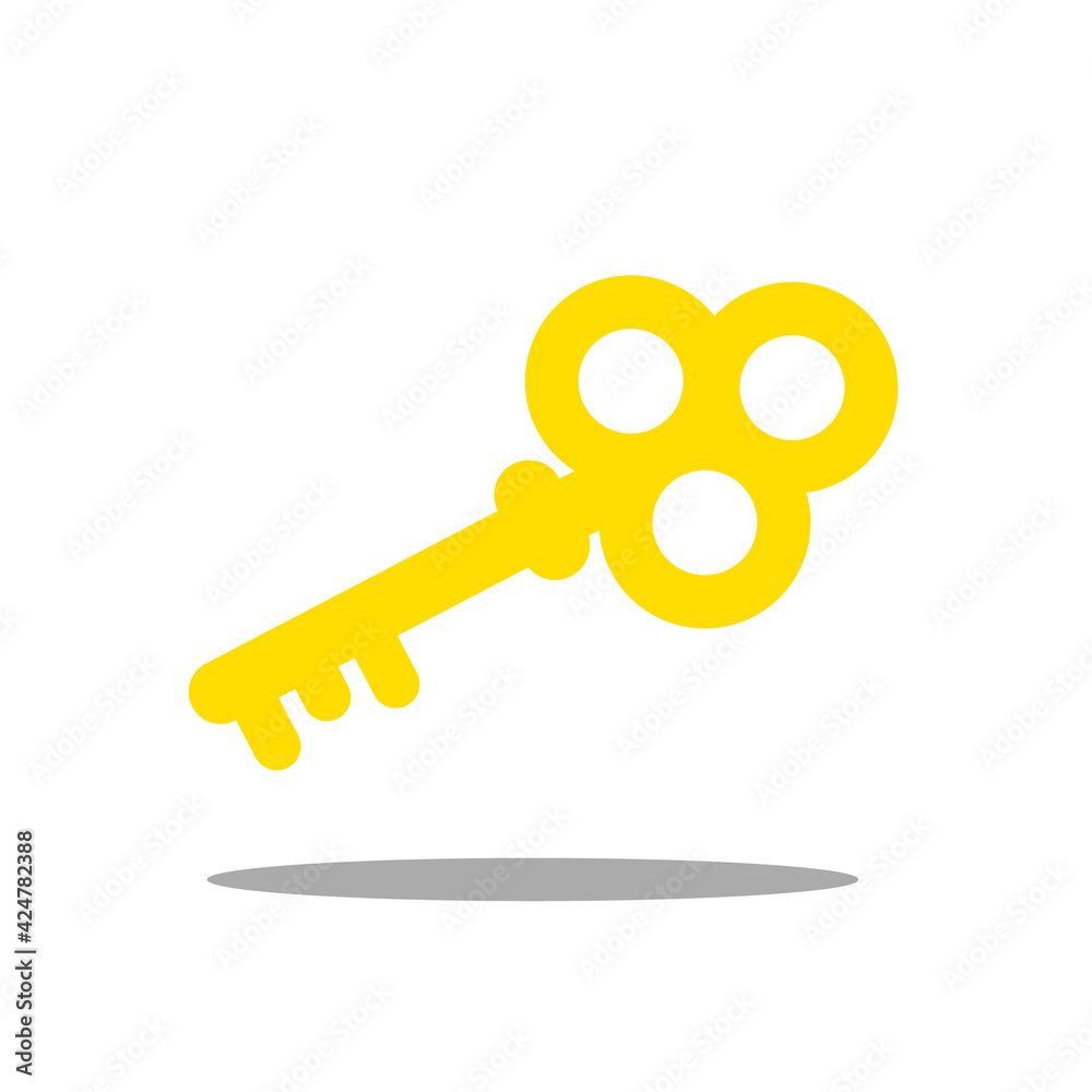 Golden yellow key with shadow, isolated on white background Golden yellow key with shadow, isolated on white background