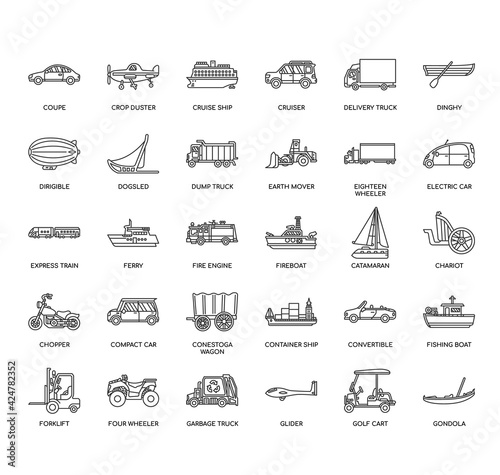 Set of vehicle thin line and pixel perfect icons for any web and app project.