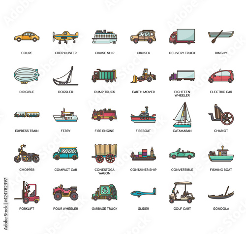 Set of vehicle thin line and pixel perfect icons for any web and app project.