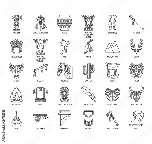 Set of native american thin line and pixel perfect icons for any web and app project.