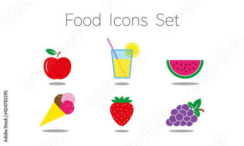Food icons set, including fruits, desert and beverage, isolated on white background