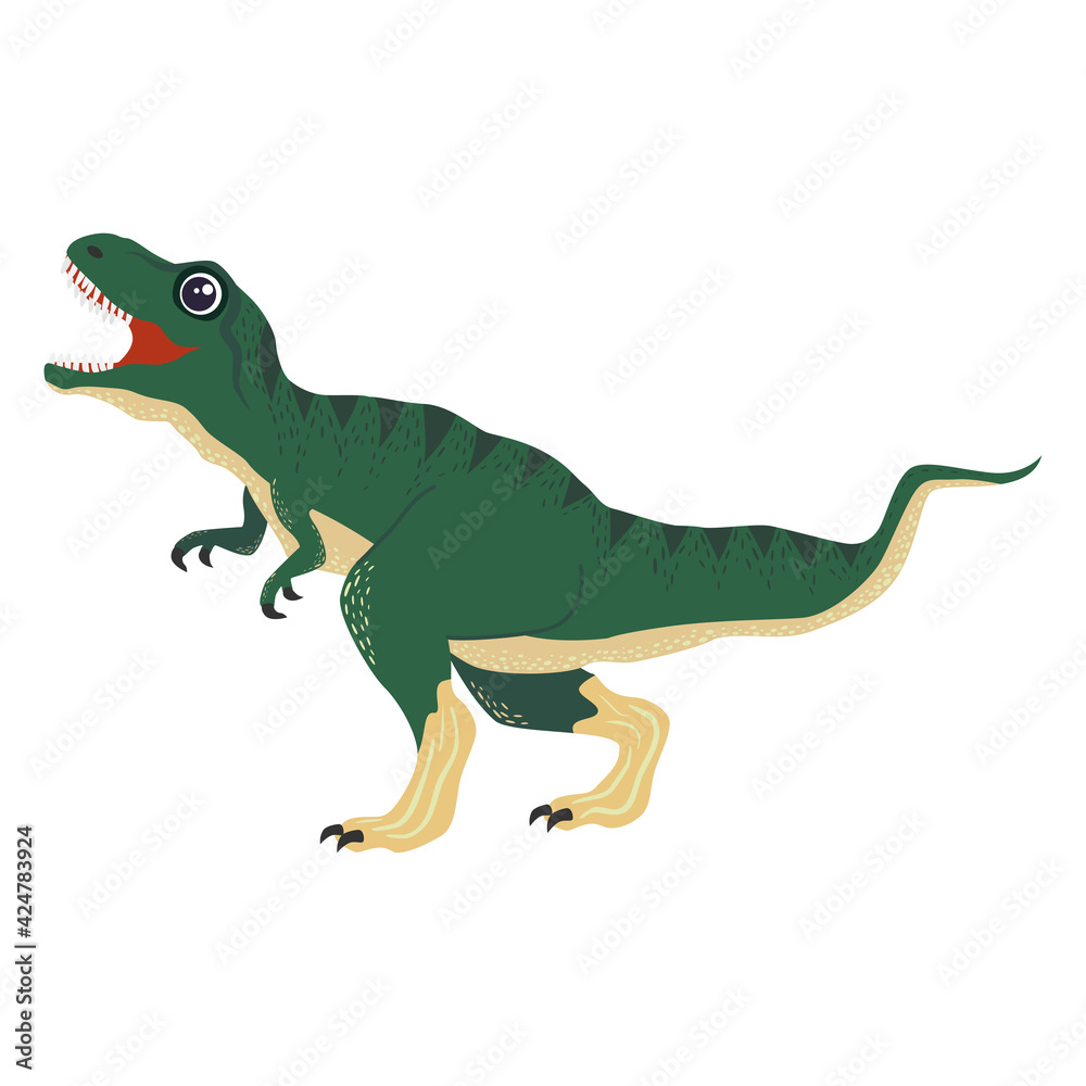 Fototapeta premium Tyrannosaurus green, prehistoric dinosaurs collection. Ancient animals. Hand drawn. In a frame of flowers and leaves.