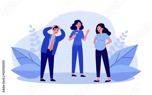 Pregnant woman standing near nervous husband and nurse. Belly, birth, baby flat vector illustration. Pregnancy and maternity concept for banner, website design or landing web page