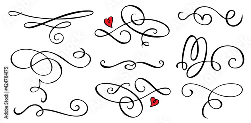 Vector set of swirl divides with red heart detail isolated on white background. Vector illustration Print