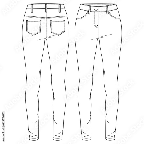 Women Slim Fit Jegging Pant Vector Fashion Flat Sketches. Girls Fashion Technical Illustration Template. Stretch Skinny Jeans