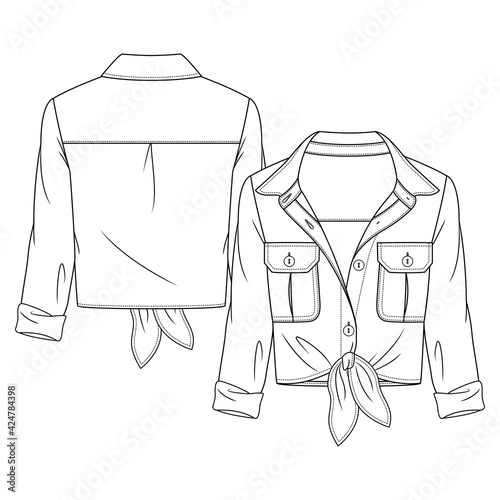 Women Knotted Shirt flat fashion sketch template. Technical Fashion Illustration. Rolled Up Sleeves. Front Ties. Chest Bellow Pockets
