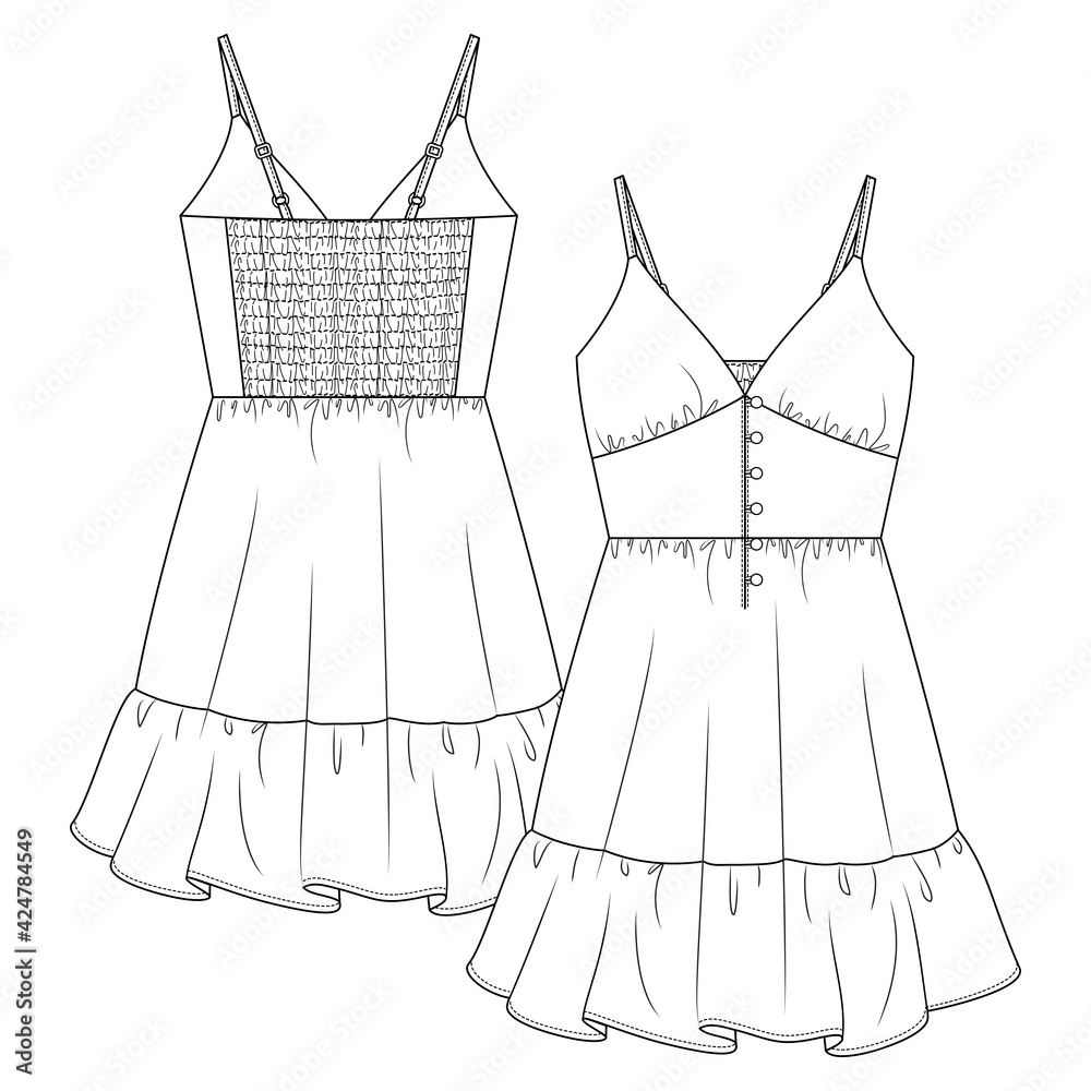 Women V-Neck Spaghetti Straps Peasant Dress flat sketch fashion