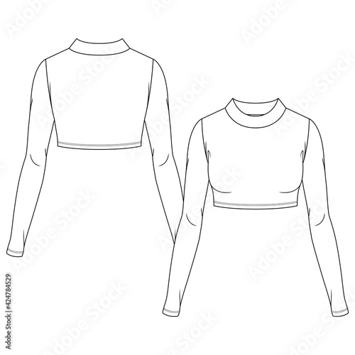 Women Mock Neck Crop Top fashion flat sketch template. Girls Technical Fashion Illustration. Long Sleeves. stretch knit