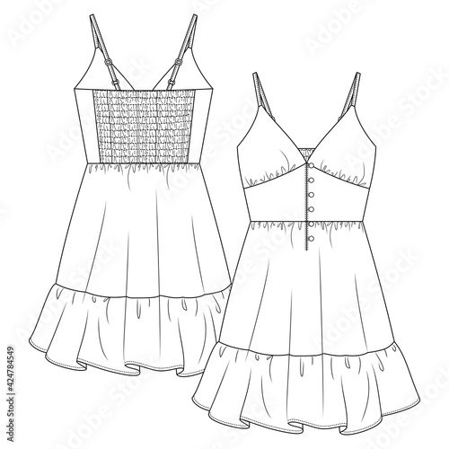Women V-Neck Spaghetti Straps Peasant Dress flat sketch fashion template. Girls Technical Fashion Illustration. Button detail at front. Back Elastic Smocking Effect. 