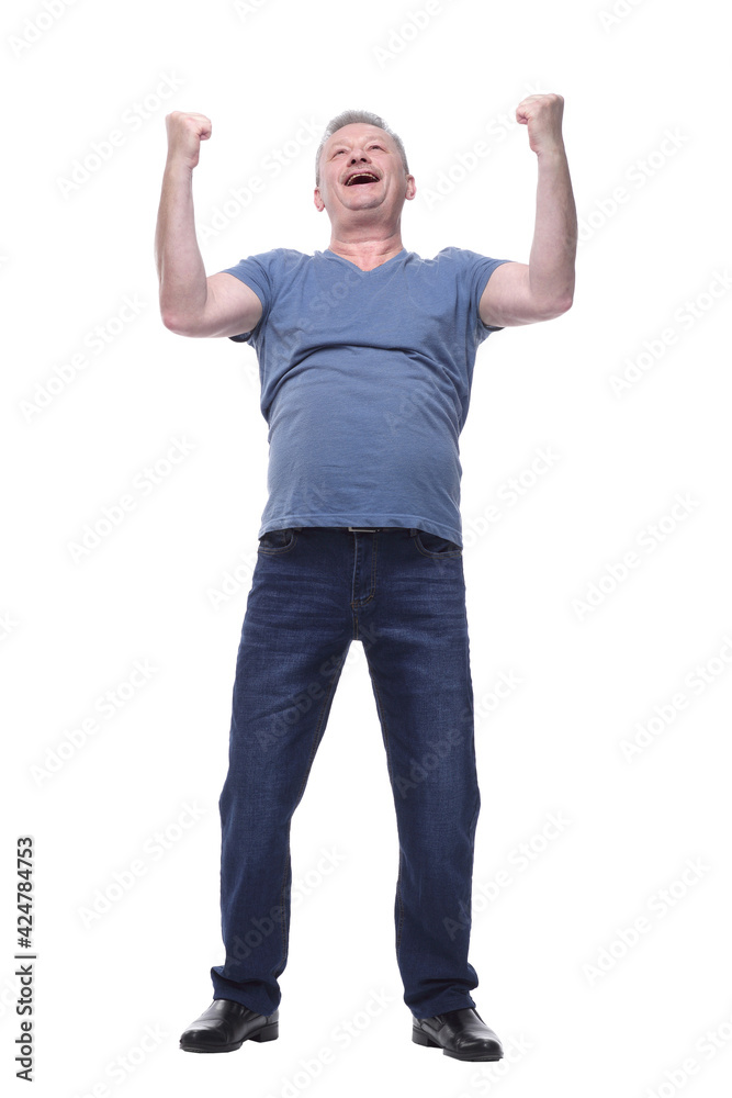 Exciting smiling man in casual clothes with arms raised Exciting smiling man in casual clothes with arms raised