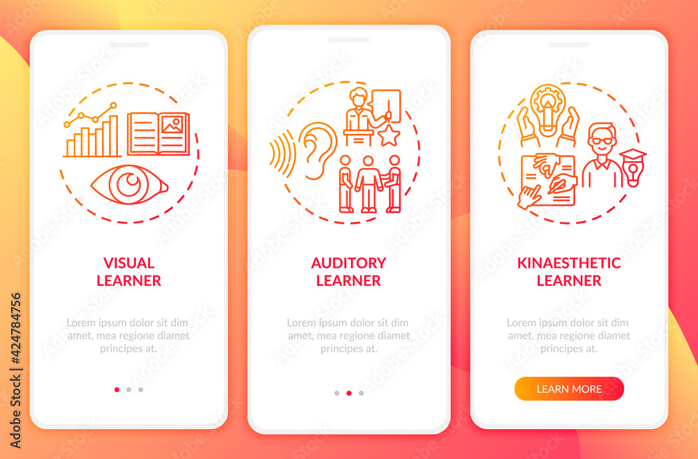 Learning styles red onboarding mobile app page screen with concepts. Education, studying strategy walkthrough 3 steps graphic instructions. UI, UX, GUI vector template with linear color illustrations