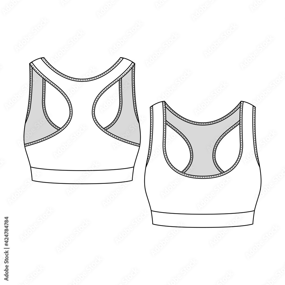 Women Sports Bra fashion flat sketch template. Girls Active wear