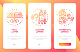 Learning styles red onboarding mobile app page screen with concepts. Education, studying strategy walkthrough 3 steps graphic instructions. UI, UX, GUI vector template with linear color illustrations