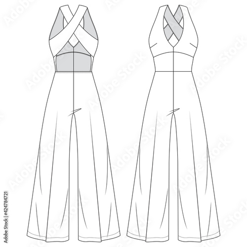 Women Open back Jumpsuit Vector Fashion Flat Sketches. Girls Fashion Technical Illustration Template. Flare Wide legs. Low V-Neck. Halter top Look