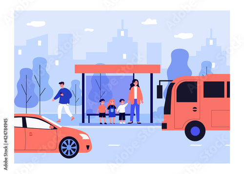 Smiling woman standing with kids on bus stop. Vehicle, children, city flat vector illustration. Transportation and urban lifestyle concept for banner, website design or landing web page