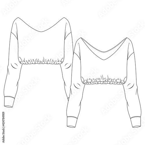 Women V-Neck Crop Sweatshirt fashion flat sketch template. Girls Technical Fashion Illustration. Wide Off-Shoulder neck opening. Elastic hem