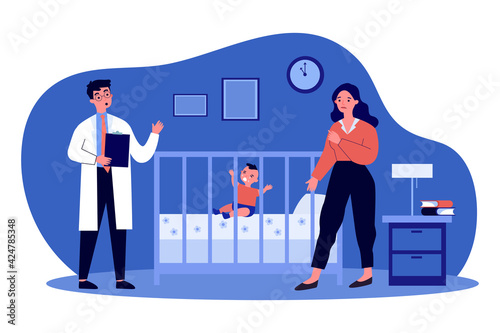 Physician treating little baby and talking with mom. Disease, child, home flat vector illustration. Medicine and healthcare concept for banner, website design or landing web page