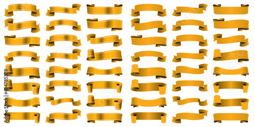 Vector set of ribbons in yellow color. Gold, ocher. Different version and shape. Flag, scroll, silk effect. Print illustration