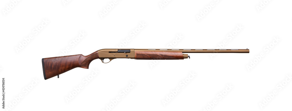 Modern semi-automatic shotgun with a wooden butt isolate on a white background. Weapons for hunting, sports and self-defense. Shotgun in bronze color. Modern semi-automatic shotgun with a wooden butt isolate on a white background. Weapons for hunting, sports and self-defense. Shotgun in bronze color.