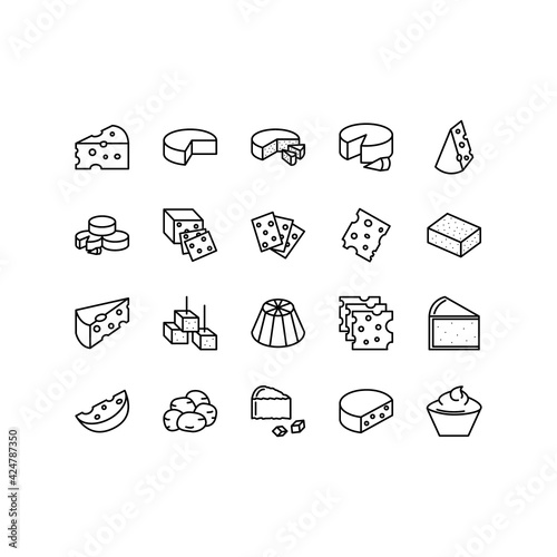 Cheese flat line icons set on white background. Parmesan, mozzarella, ricotta vector illustrations. Outline signs for store, can be used in logo, UI and web design. Editable Strokes