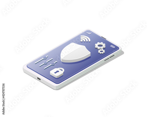 Smartphone antivirus concept. Protection and safety. Isometric colored vector illustration. 