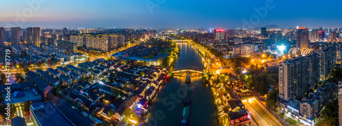 Aerial photography of the night view of the ancient buildings on the Gongchen Bridge in Hangzhou