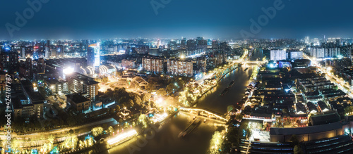 Aerial photography of the night view of the ancient buildings on the Gongchen Bridge in Hangzhou