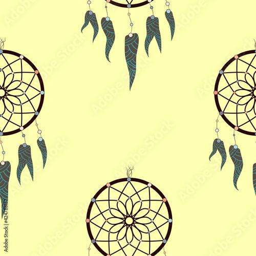 Dreamcatcher pattern in retro style. Hand drawn seamless pattern. Fashion print. Boho vintage style background
