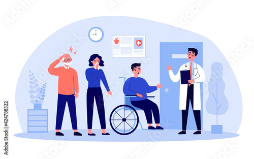 Patients standing in queue in hospital hall. Doctor, clinic, visit flat vector illustration. Medicine and treatment concept for banner, website design or landing web page
