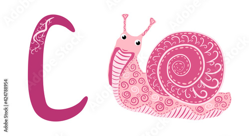 Letter S lowercase cute children colorful zoo and animals ABC alphabet tracing flashcard of Colorful Snail for kids