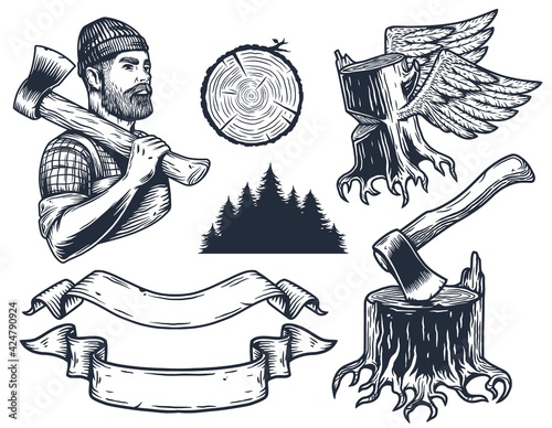 Lumberjack or logger with axe, ax of carpenter. Set of elements for woodworker. Monochrome axeman