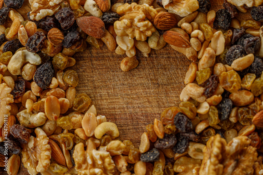 Macro shot of raisins and variety of nuts, grouped together. Texture. Background. Text background. Almonds, walnuts, hazelnuts, peanuts. Macro shot of raisins and variety of nuts, grouped together. Texture. Background. Text background. Almonds, walnuts, hazelnuts, peanuts.