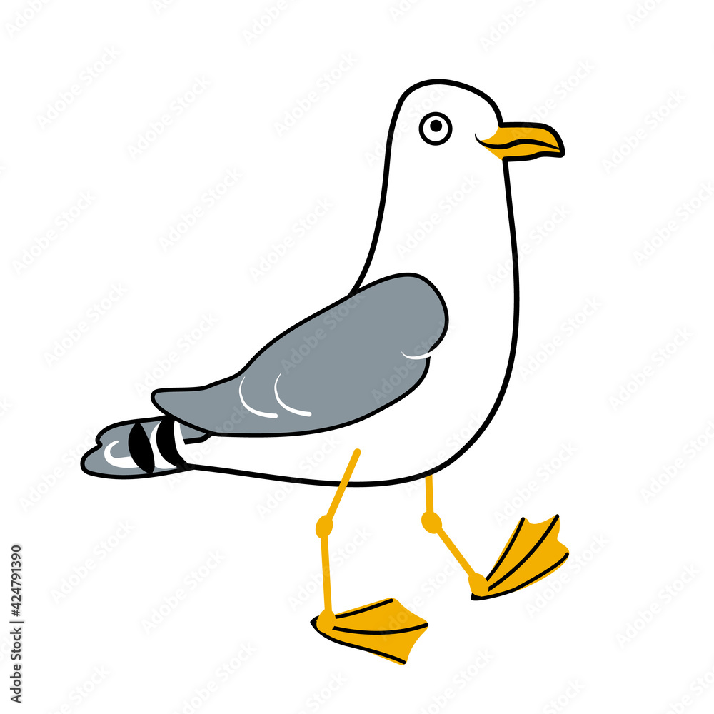 Obraz premium Walking seagull vector doodle illustration isolated on white background. Comic cartoon character seabird gull for t-shirt, print, card design.