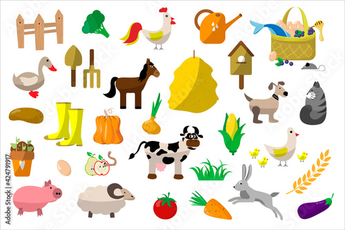 Fototapeta Naklejka Na Ścianę i Meble -  Farm big set. Pets and household items. Hay, cow, horse, pig, boots, shovel, pitchfork, grass, egg, basket, cat, dog, watering can, rooster, hare, chicken, wheat, vegetables