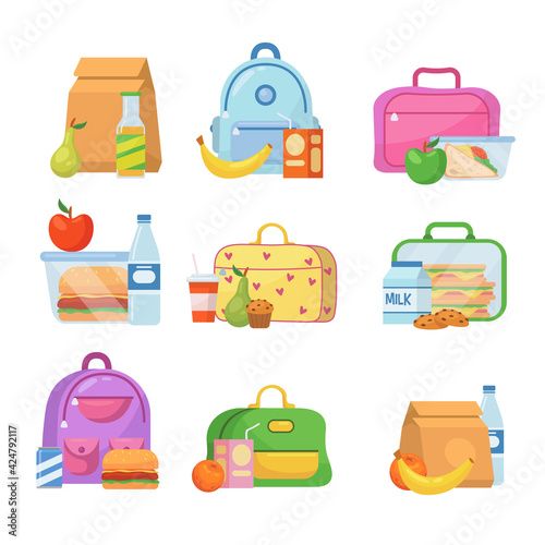 School lunch boxes for children vector illustrations set. Collection of lunchboxes with healthy food in backpacks for kids on white background. Lunch time in school, food boxes, picnic concept