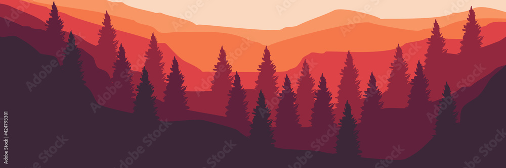 Fototapeta premium Vector flat design of sunset over mountain good for desktop wallpaper, web banner, and apps background 