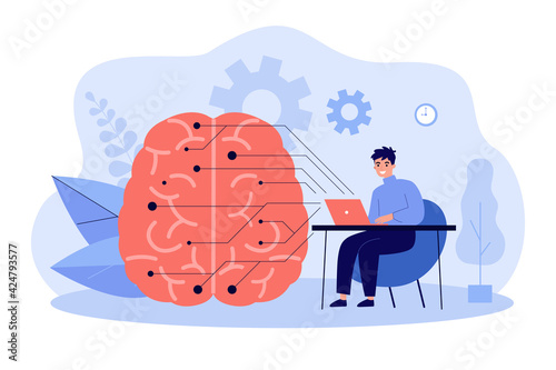 Programmer with computer learning AI. Data, brain with digital circuit flat vector illustration. Artificial intelligence, technology concept for header banner, website design or landing web page