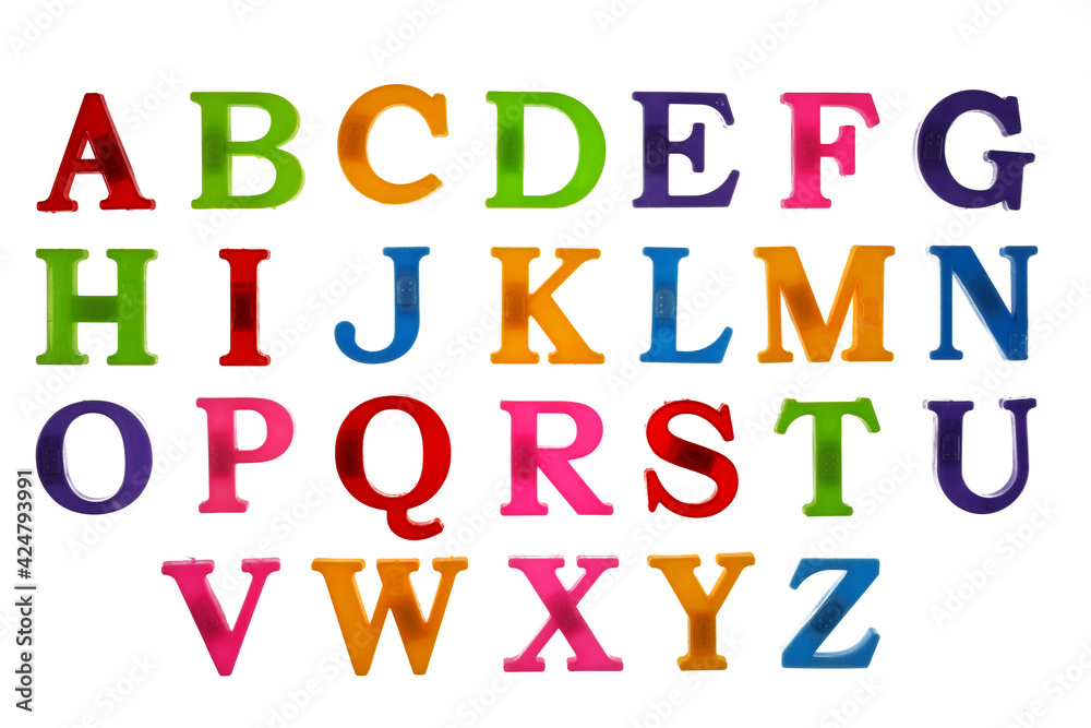 Plastic colorful letters, English alphabet on a white background, isolate, top view.